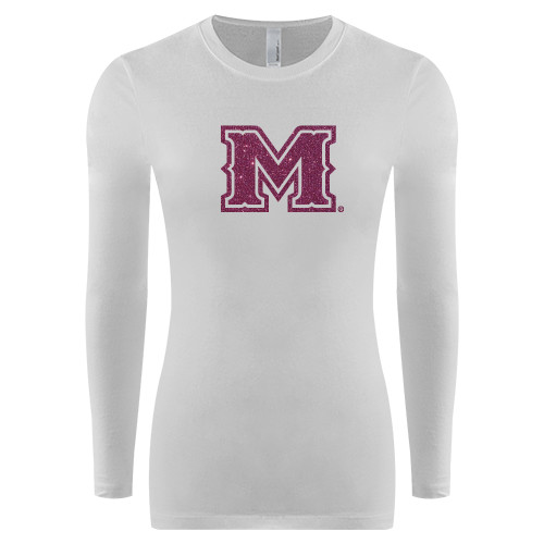  Womens White Long Sleeve V Neck Tee - Primary Mark Glitter