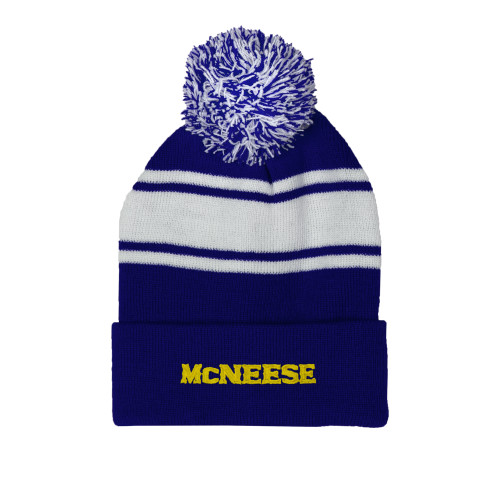  Royal/White Two Tone Knit Pom Beanie w/Cuff - McNeese