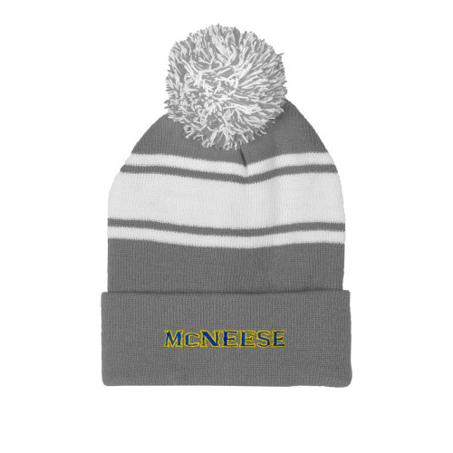  Grey/White Two Tone Knit Pom Beanie w/Cuff - McNeese