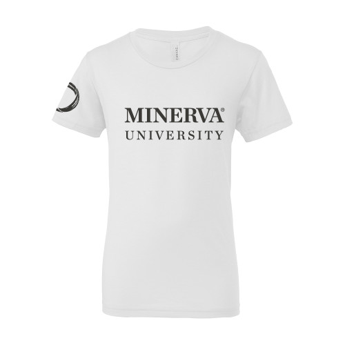  Bella + Canvas Youth White Jersey T Shirt - Minerva University Wordmark