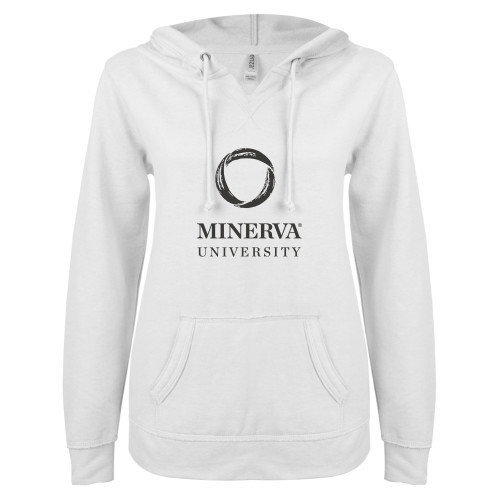  ENZA Womens White V Notch Raw Edge Fleece Hoodie - Minerva University Primary Mark