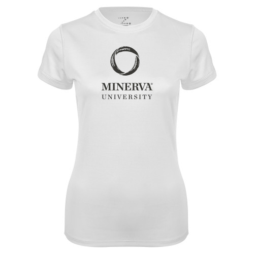  Womens White Performance Tee - Minerva University Primary Mark