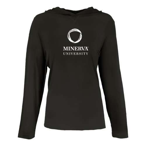  Womens Black Long Sleeve Hooded Tee - Minerva University Primary Mark