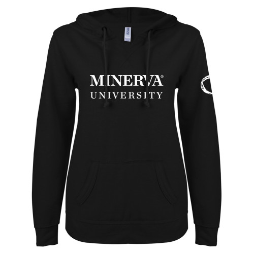 ENZA Womens Black V Notch Raw Edge Fleece Hoodie - Minerva University Wordmark