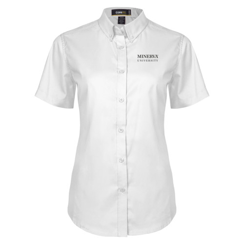  Womens White Twill Button Up Short Sleeve - Minerva University Wordmark