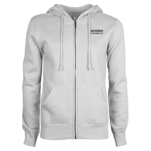 ENZA Womens White Fleece Full Zip Hoodie - Minerva University Wordmark
