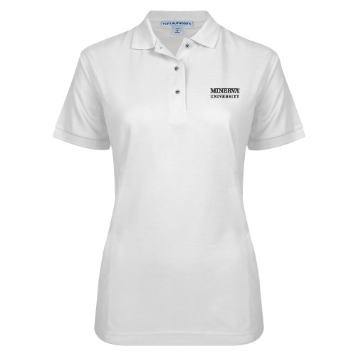 Womens Silk Touch White Pique Polo - Minerva University Wordmark