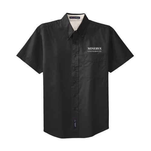  Black Twill Button Down Short Sleeve - Minerva University Wordmark