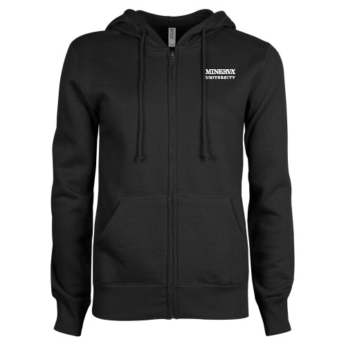 ENZA Womens Black Fleece Full Zip Hoodie - Minerva University Wordmark