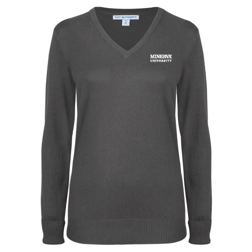  Womens Charcoal Heather VNeck Sweater - Minerva University Wordmark