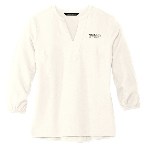  Mercer + Mettle Womens Ivory 3/4 Sleeve Crepe Blouse - Minerva University Wordmark