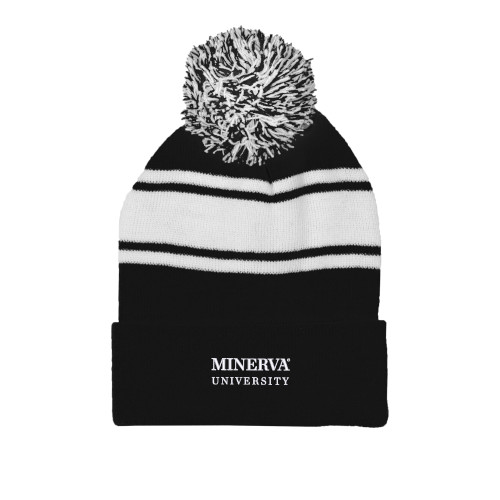  Black/White Two Tone Knit Pom Beanie w/Cuff - Minerva University Wordmark