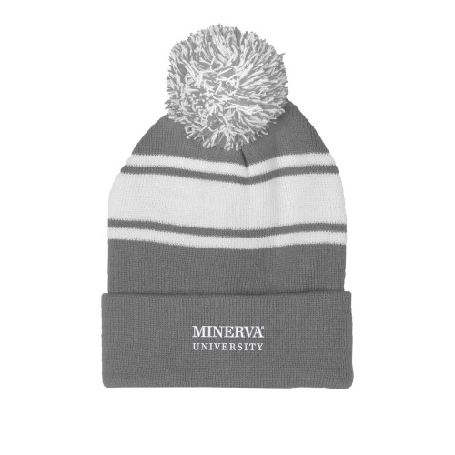  Grey/White Two Tone Knit Pom Beanie w/Cuff - Minerva University Wordmark
