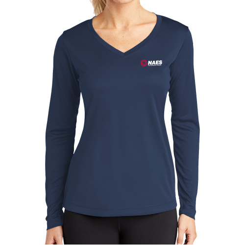 Womens Navy Performance Long Sleeve V Neck Shirt-NAES Performance Center