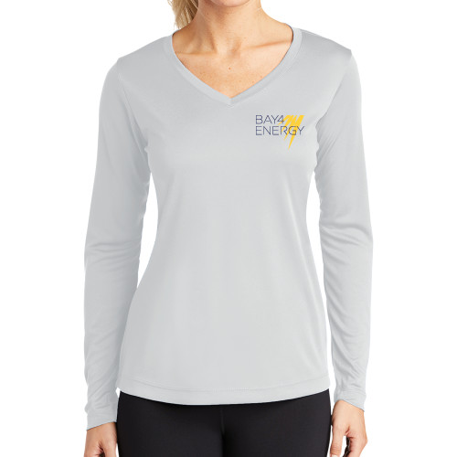 Womens White Performance Long Sleeve V Neck Shirt-NAES Bay4 Energy