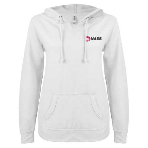 ENZA Womens White V Notch Raw Edge Fleece Hoodie-NAES