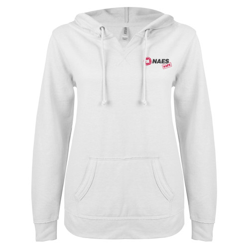 ENZA Womens White V Notch Raw Edge Fleece Hoodie-NAES Safe