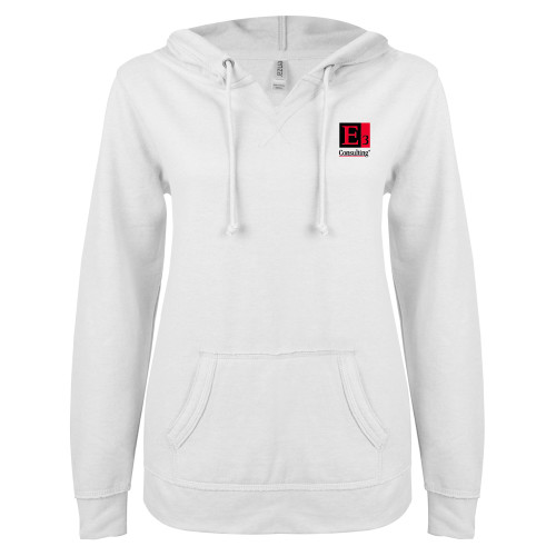 ENZA Womens White V Notch Raw Edge Fleece Hoodie-E3 Consulting
