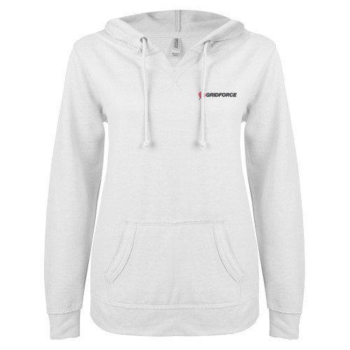 ENZA Womens White V Notch Raw Edge Fleece Hoodie-Gridforce