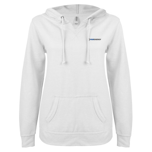 ENZA Womens White V Notch Raw Edge Fleece Hoodie-PurEnergy