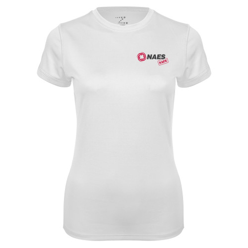 Womens White Performance Tee-NAES Safe