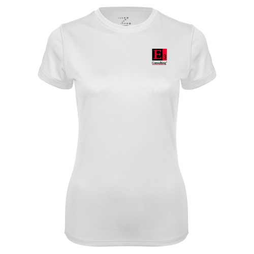 Womens White Performance Tee-E3 Consulting