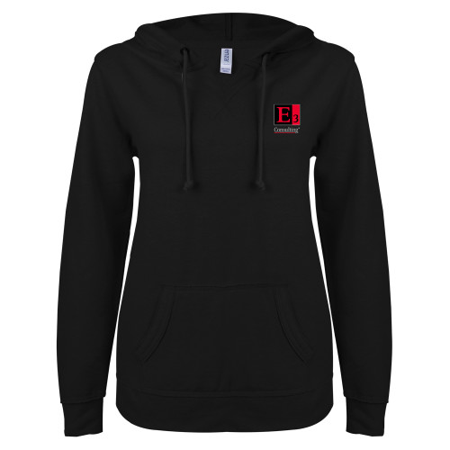 ENZA Womens Black V Notch Raw Edge Fleece Hoodie-E3 Consulting