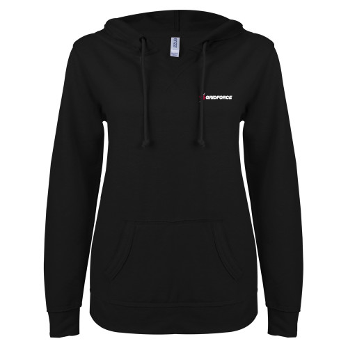 ENZA Womens Black V Notch Raw Edge Fleece Hoodie-Gridforce