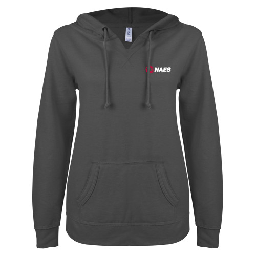 ENZA Womens Dark Heather V Notch Raw Edge Fleece Hoodie-NAES