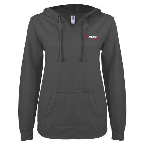 ENZA Womens Dark Heather V Notch Raw Edge Fleece Hoodie-NAES Safe