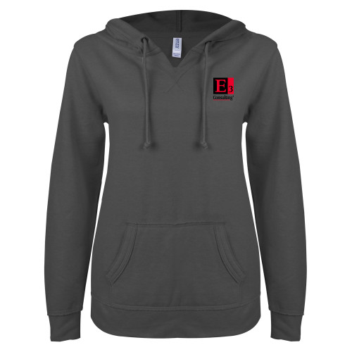 ENZA Womens Dark Heather V Notch Raw Edge Fleece Hoodie-E3 Consulting