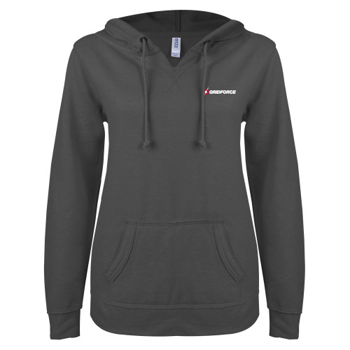 ENZA Womens Dark Heather V Notch Raw Edge Fleece Hoodie-Gridforce