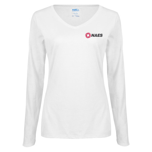 Womens White Long Sleeve V Neck Tee-NAES