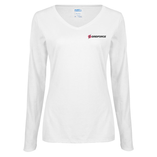 Womens White Long Sleeve V Neck Tee-Gridforce