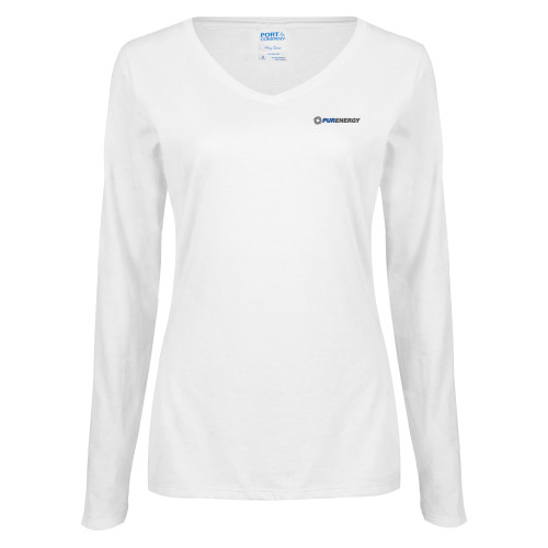 Womens White Long Sleeve V Neck Tee-PurEnergy