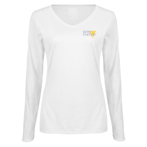 Womens White Long Sleeve V Neck Tee-NAES Bay4 Energy