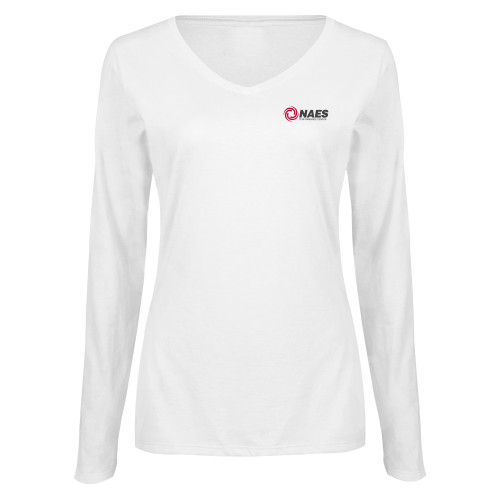 Womens White Long Sleeve V Neck Tee -NAES Performance Center