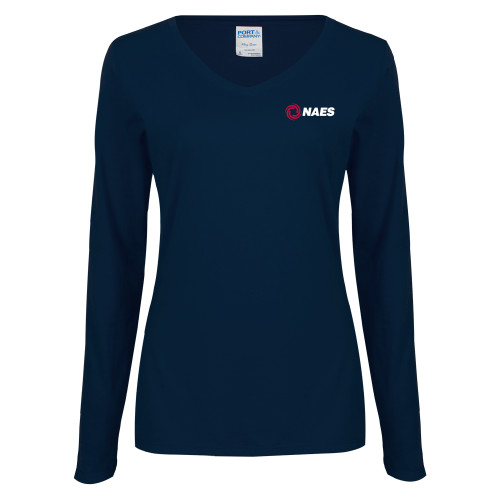 Womens Navy Long Sleeve V Neck Tee-NAES