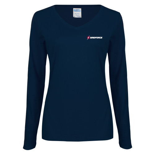 Womens Navy Long Sleeve V Neck Tee-Gridforce