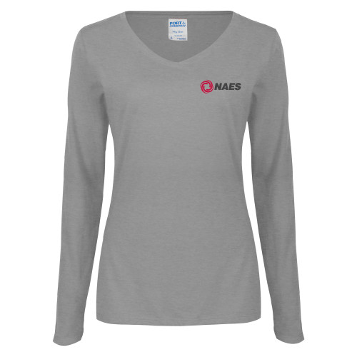 Womens Grey Long Sleeve V Neck Tee -NAES