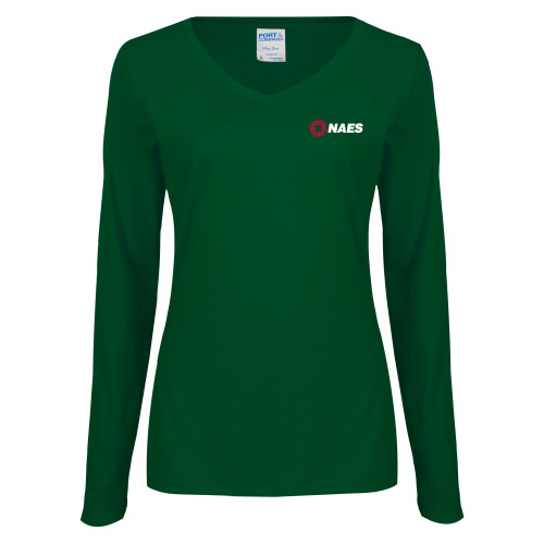 Womens Dark Green Long Sleeve V Neck Tee -NAES