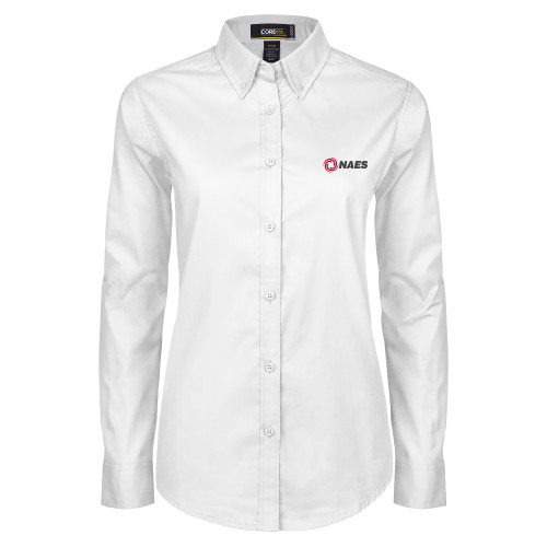 Womens White Twill Button Down Long Sleeve-NAES