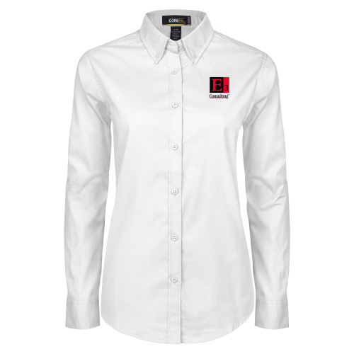 Womens White Twill Button Down Long Sleeve-E3 Consulting