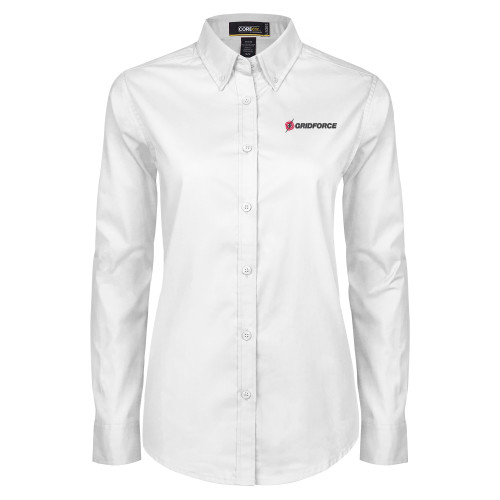 Womens White Twill Button Down Long Sleeve-Gridforce