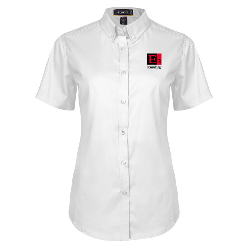 Womens White Twill Button Up Short Sleeve-E3 Consulting