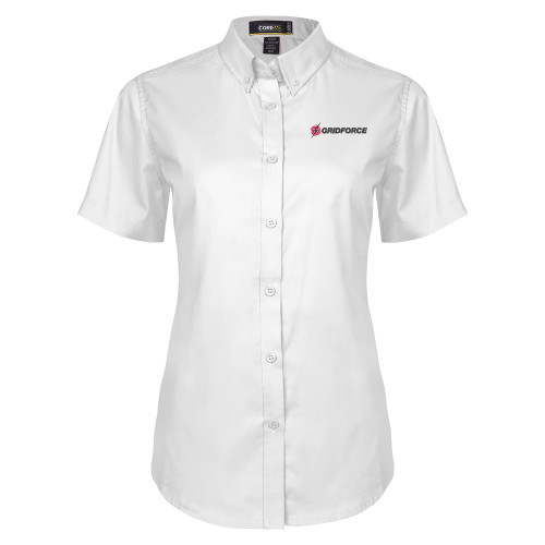 Womens White Twill Button Up Short Sleeve-Gridforce
