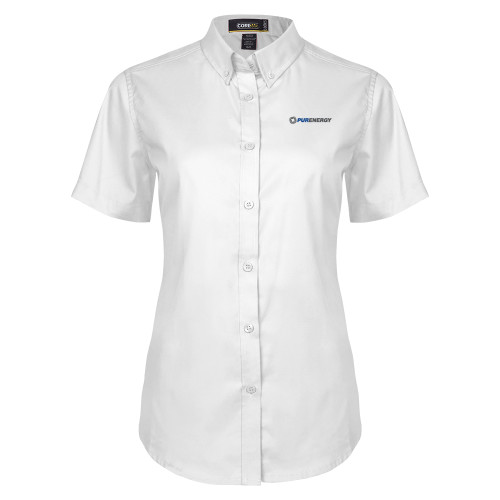 Womens White Twill Button Up Short Sleeve-PurEnergy