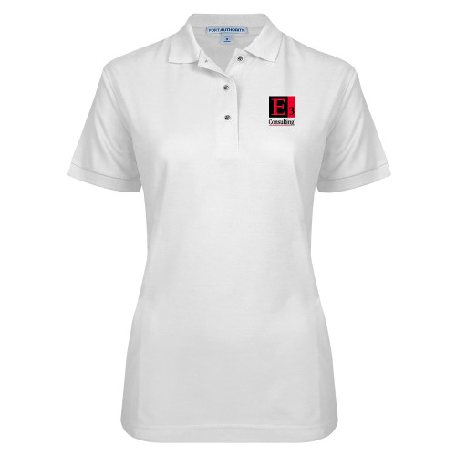 Womens Silk Touch White Pique Polo-E3 Consulting