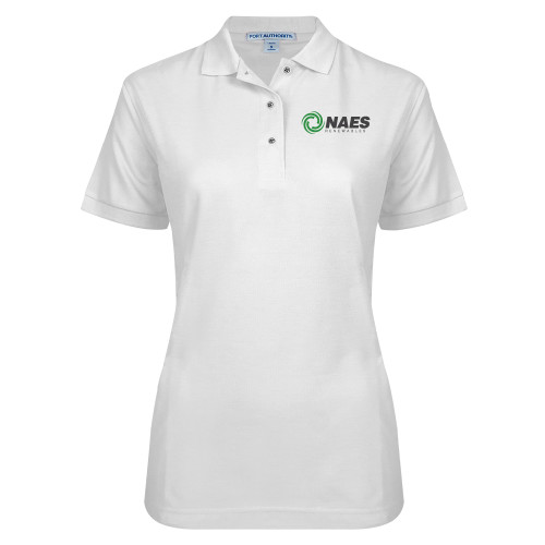 Womens Silk Touch White Pique Polo-NAES Renewables