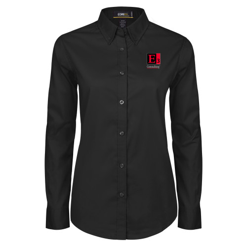 Womens Black Twill Button Down Long Sleeve -E3 Consulting
